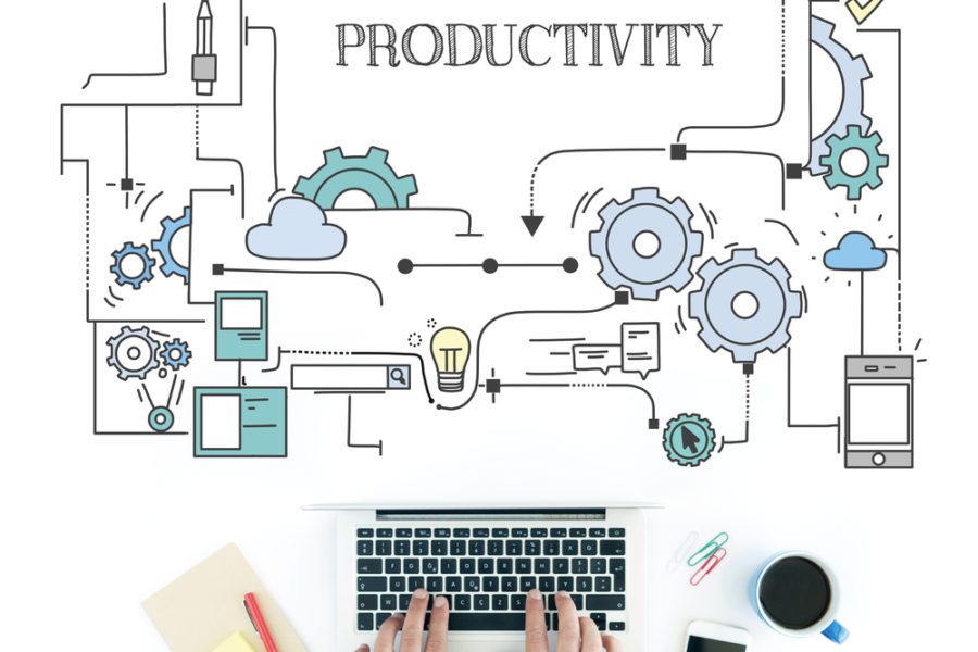 Man using laptop on workplace and PRODUCTIVITY concept