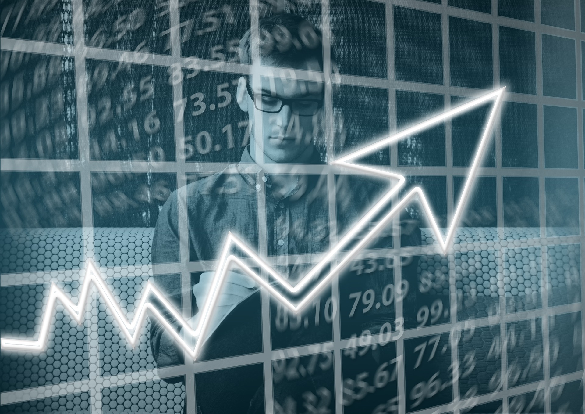 Black and white silouhette of a man with a bar chart and numbers