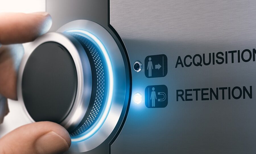 Salesperson turning a knob to select customer retention strategy instead of acquisition.